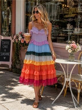 Like New Storia Tiered Rainbow Ruffle Sundress - Small